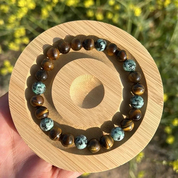 Handmade Unisex African turquoise + tigers eye beaded bracelet - Picture 4 of 4